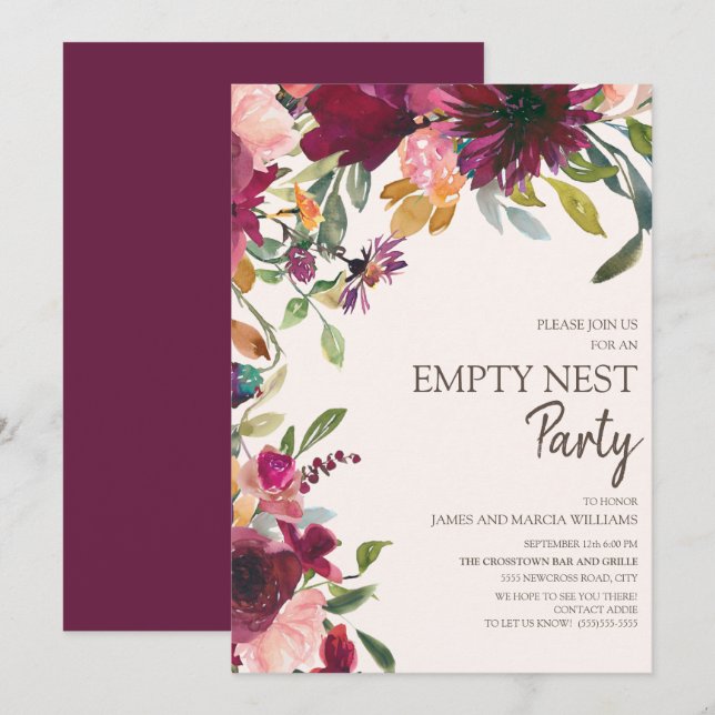 Invitación Elegante Fiesta de Nido Vacío de Oro Púrpura Rosa (Anverso / Reverso)