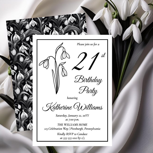 Invitación Elegante Fiesta de Nochebuena 21 de cumpleaños (Elegant January Birth Month Snowdrops Floral "21st Birthday Party" Invitations -- Print | Download)