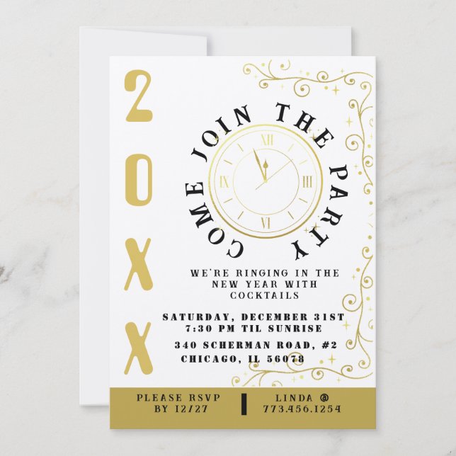 Invitación Elegante Fiesta de Nochevieja (Anverso)