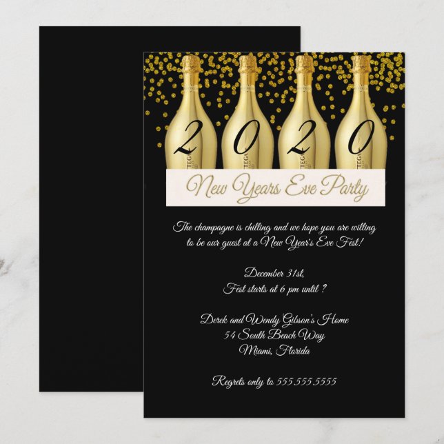 Invitación Elegante Fiesta de Nochevieja de Champaña (Anverso / Reverso)