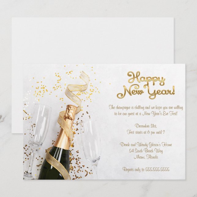 Invitación Elegante Fiesta de Nochevieja de Champaña Blanca (Anverso / Reverso)
