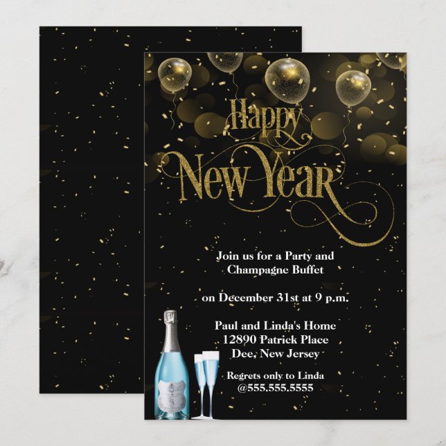 Invitación Elegante Fiesta de Nochevieja de Confetti Gold (Anverso / Reverso)