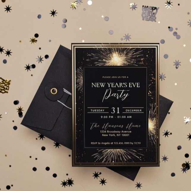 Invitación Elegante Fiesta de Nochevieja de Oro Negro (Subido por el creador)