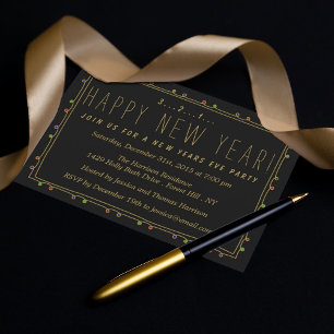 Invitación Elegante Fiesta de Nochevieja Negra y Oro
