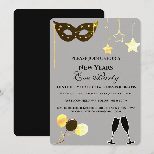 Invitación Elegante Fiesta De Nochevieja Negra Y Oro (Anverso / Reverso)