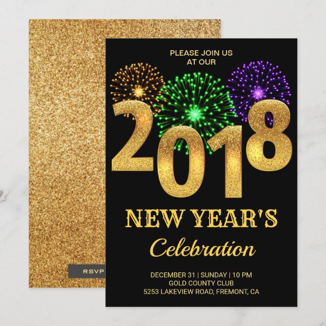 Invitación Elegante Fiesta de Nochevieja Oro 2018 (Anverso / Reverso)