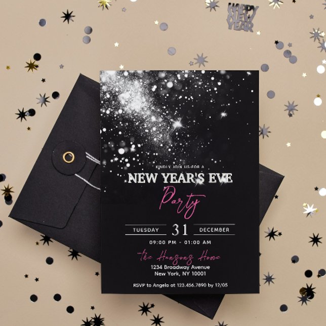 Invitación Elegante Fiesta de Nochevieja Purpurina de Plata N (Subido por el creador)