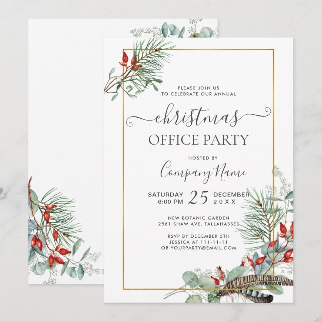 Invitación Elegante Fiesta de oficina de Navidades de Pine Eu (Anverso / Reverso)