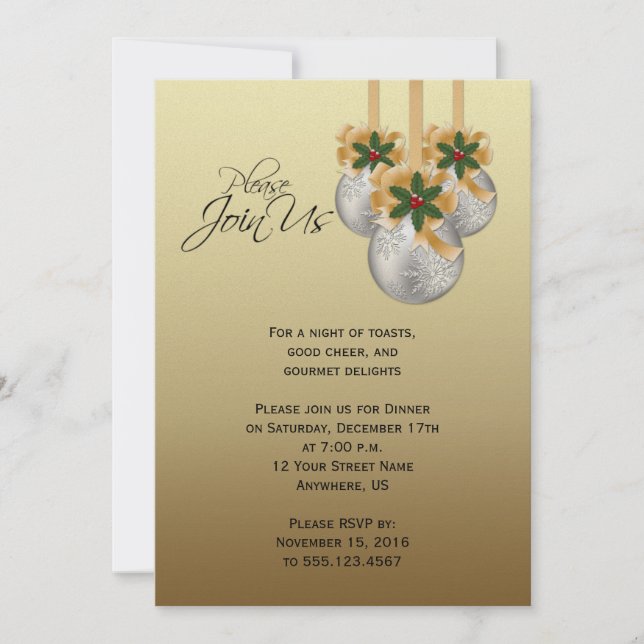 Invitación Elegante Fiesta de Ornamentos de Navidad de Oro Pl (Anverso)