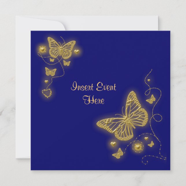 Invitación Elegante fiesta de oro mariposa corazón azul real (Anverso)