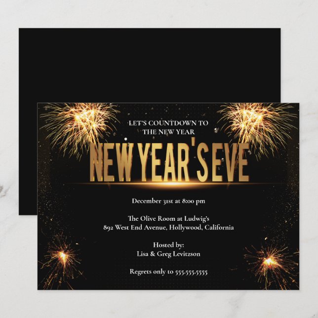 Invitación Elegante Fiesta de Oro y Año Nuevo Negro (Anverso / Reverso)