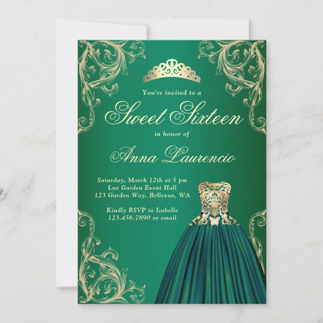 Invitación Elegante Fiesta De Oro Y Dulce Verde De 16 Años (Anverso)