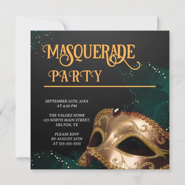 Invitación Elegante fiesta de oro y mascarada negra (Anverso)