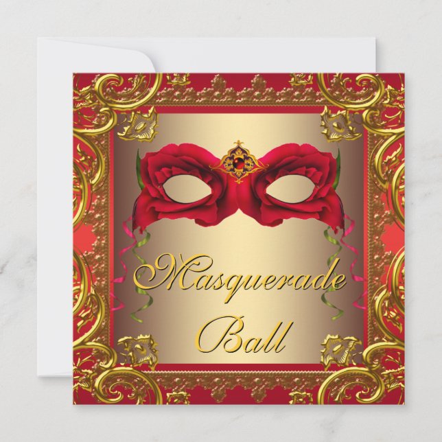 Invitación Elegante Fiesta de Oro y Mascarada Roja (Anverso)