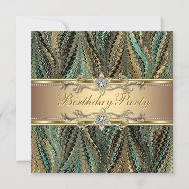 Invitación Elegante Fiesta de Oro y Verde azulado Día del Ani (Anverso)