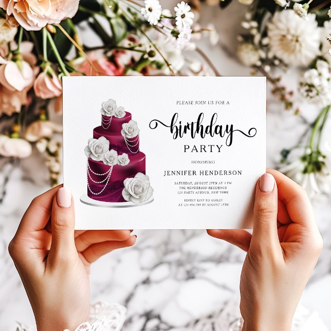 Invitación Elegante Fiesta de pasteles de cumpleaños de Borgo (Elegant Burgundy Birthday Cake Party Invitation)