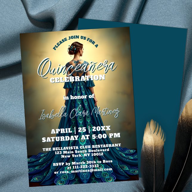 Invitación Elegante Fiesta de Peacock Vestido Quinceañera (Subido por el creador)