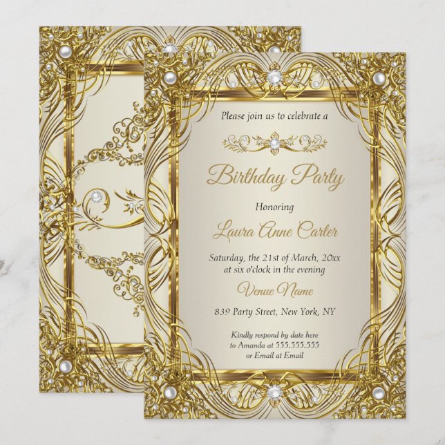 Invitación Elegante fiesta de Pearl Damask con crema beige do (Anverso / Reverso)