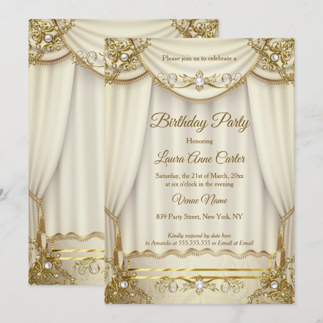 Invitación Elegante fiesta de Pearl Drapes Beige Cream de Oro (Anverso / Reverso)