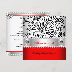 Invitación Elegante Fiesta de Perlas Rojo Negro Blanco Damask