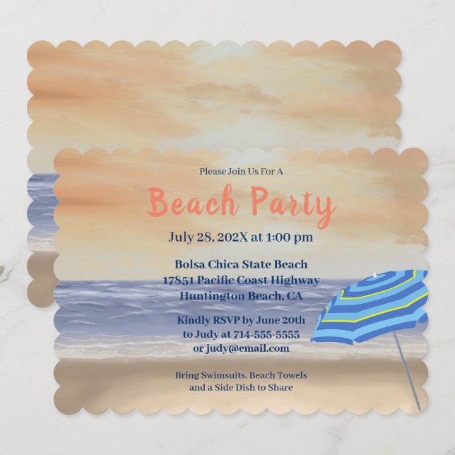 Invitación Elegante fiesta de playa pintada (Anverso / Reverso)