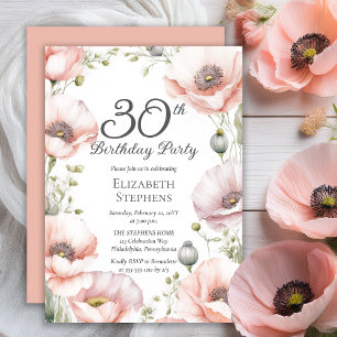 Invitación Elegante Fiesta de Poppies Rosa Floral 30 cumpleañ
