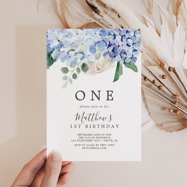 Invitación Elegante fiesta de primer cumpleaños de Hydrangea  (Subido por el creador)