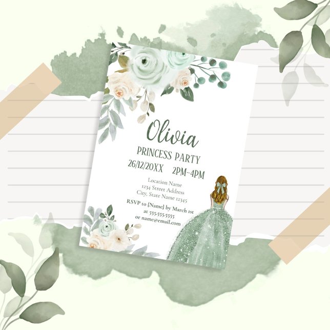 Invitación Elegante Fiesta de Princesa Floral Verde Sage (Subido por el creador)
