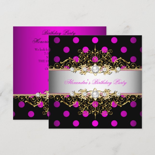 Invitación Elegante Fiesta de puntos de polka negro blanco ro (Anverso / Reverso)