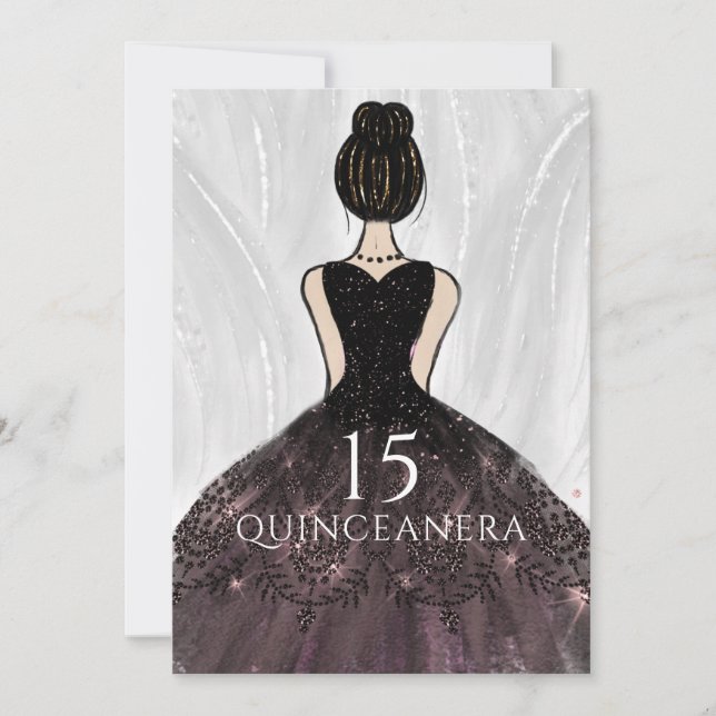 Invitación Elegante Fiesta de Quinceanera con traje negro (Anverso)