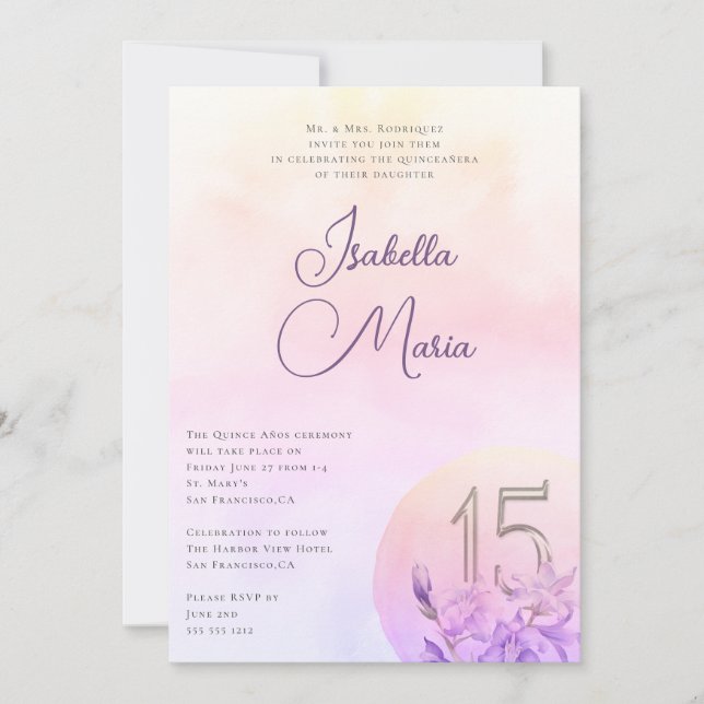 Invitación Elegante Fiesta de Quinceanera de Flor Púrpura Ros (Anverso)