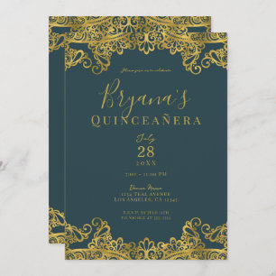 Invitación Elegante Fiesta de Quinceañera Verde azulada y dor