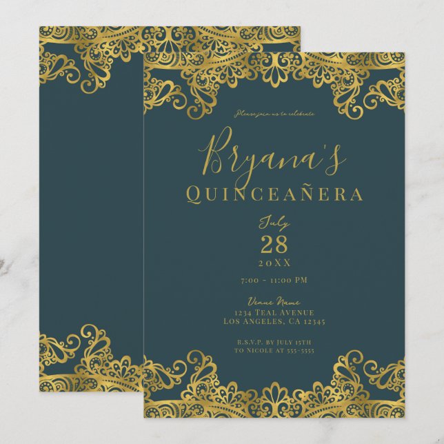 Invitación Elegante Fiesta de Quinceañera Verde azulada y dor (Anverso / Reverso)