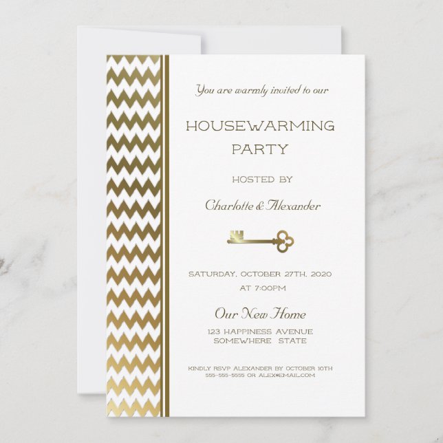 Invitación Elegante Fiesta de rayas de chevron de oro (Anverso)