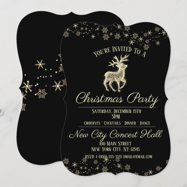 Invitación Elegante fiesta de renos negros y dorados (Anverso / Reverso)
