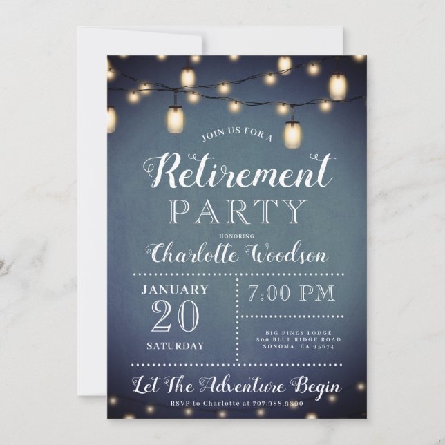 Invitación Elegante fiesta de retiro azul (Anverso)