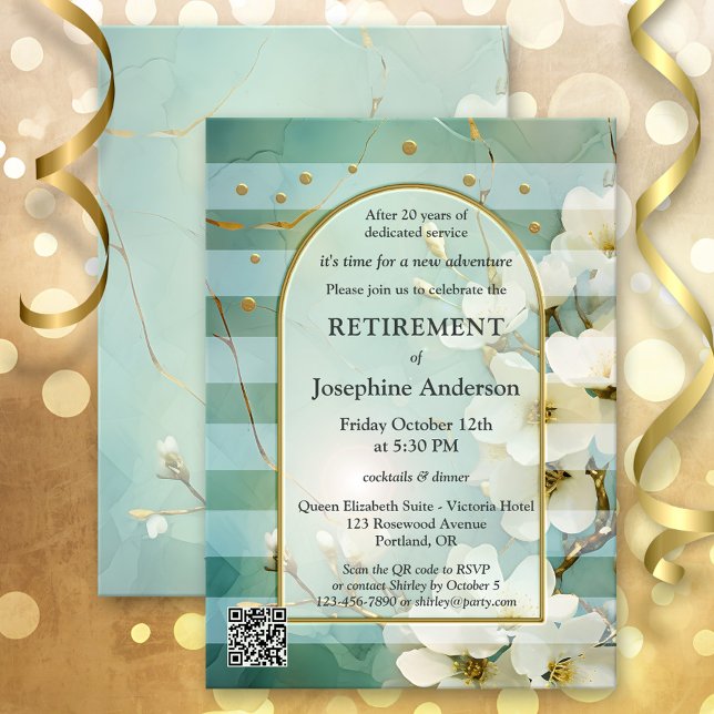Invitación Elegante Fiesta de retiro de arte de acuarela flor (Retirement party invitation featuring watercolor flowers on a retro striped design in teal and gold)