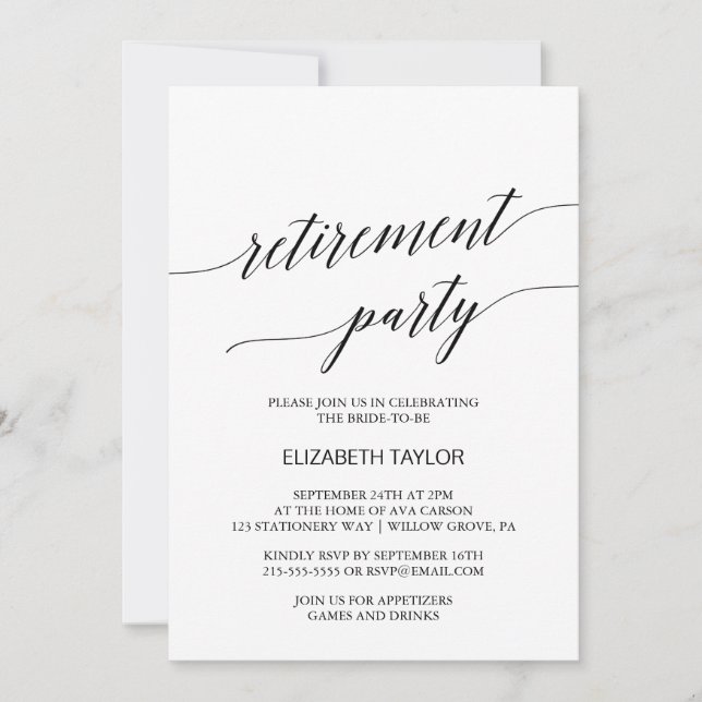 Invitación Elegante Fiesta de retiro de caligrafía negra (Anverso)