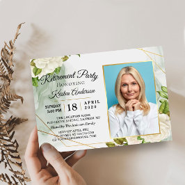 Invitación Elegante Fiesta de retiro de foto floral blanca