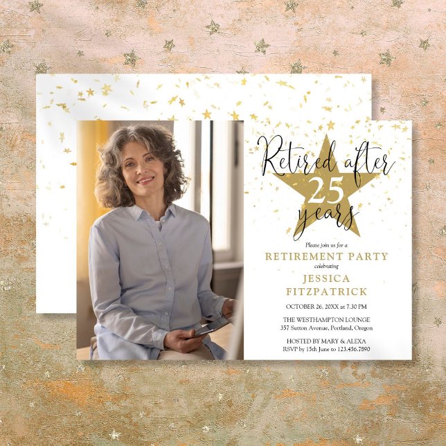 Invitación Elegante Fiesta de retiro de fotos de estrellas de (Elegant Gold Stars Photo Retirement Party Invitation)