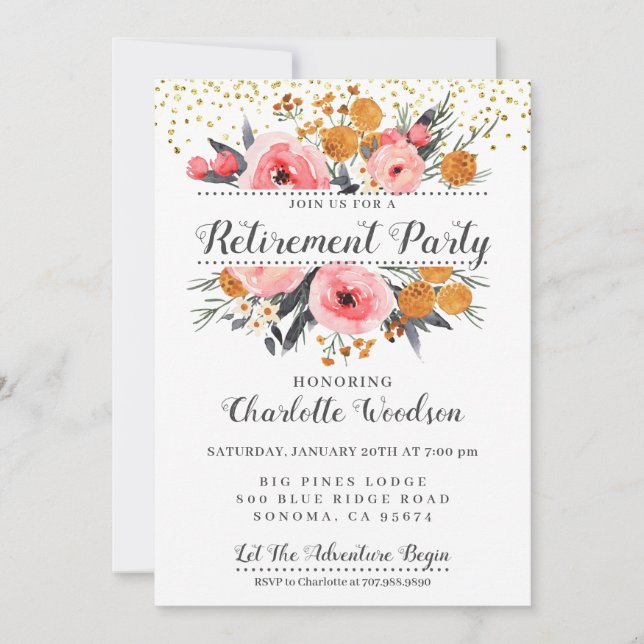 Invitación Elegante Fiesta de retiro de oro rosa Rubor floral (Anverso)