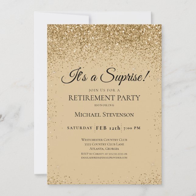 Invitación Elegante Fiesta de retiro de sorpresas de oro (Anverso)