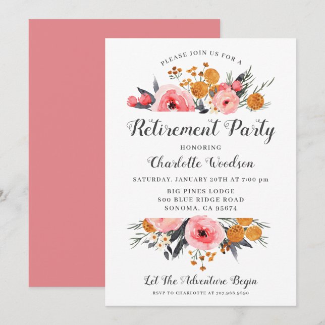 Invitación Elegante fiesta de retiro floral (Anverso / Reverso)