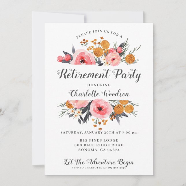 Invitación Elegante fiesta de retiro floral (Anverso)