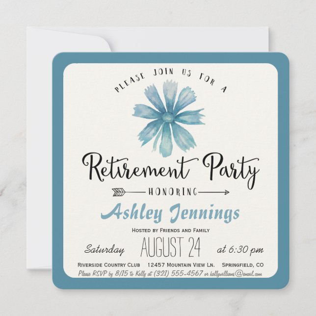 Invitación Elegante fiesta de retiro floral azul (Anverso)