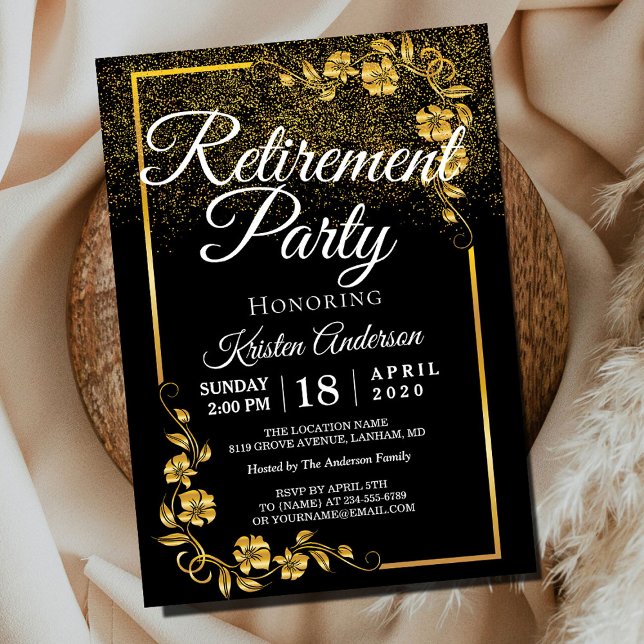 Invitación Elegante Fiesta de retiro floral de oro moderno (Subido por el creador)