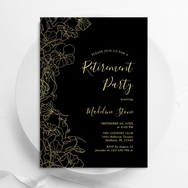 Invitación Elegante Fiesta de retiro floral de oro negro (Subido por el creador)