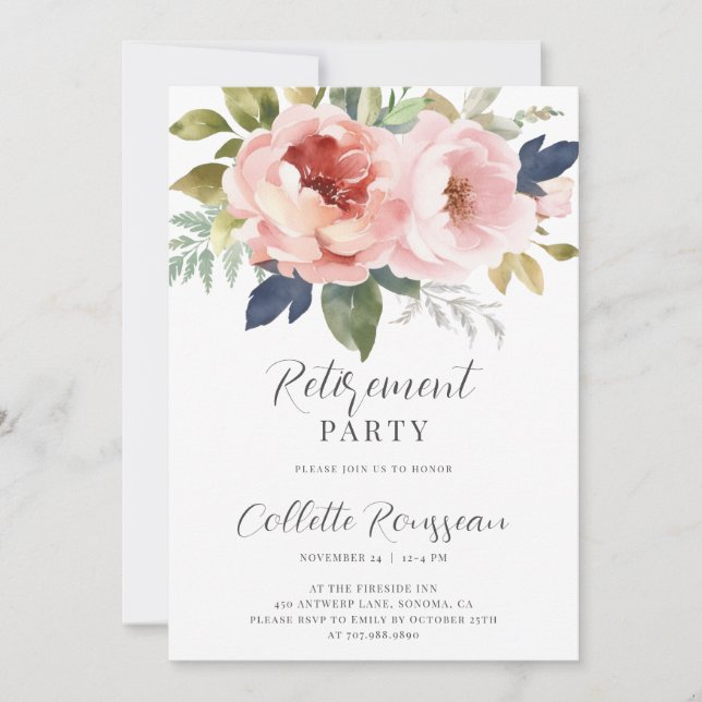 Invitación Elegante fiesta de retiro floral rosada (Anverso)