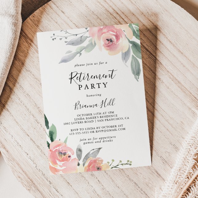 Invitación Elegante Fiesta de retiro floral Rubor rosa (Subido por el creador)