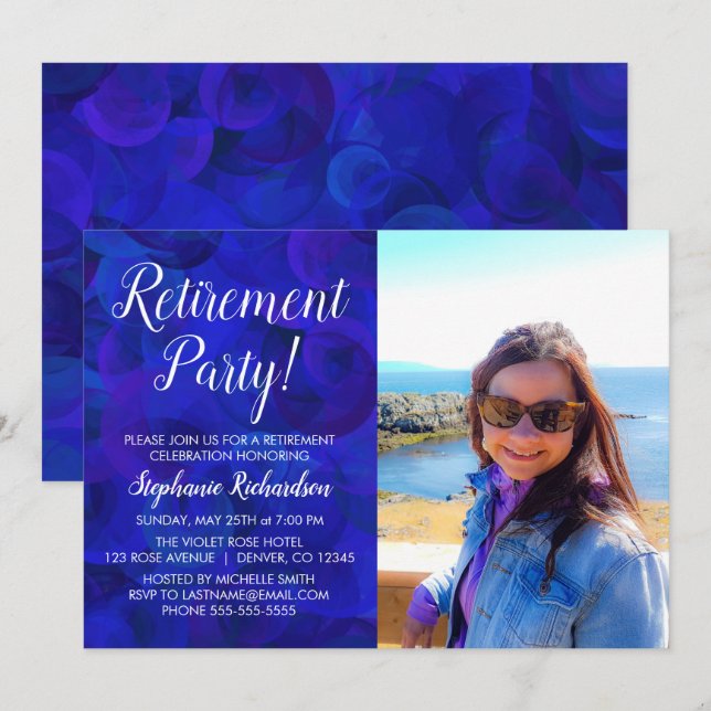 Invitación Elegante Fiesta de retiro fotográfico azul real (Anverso / Reverso)